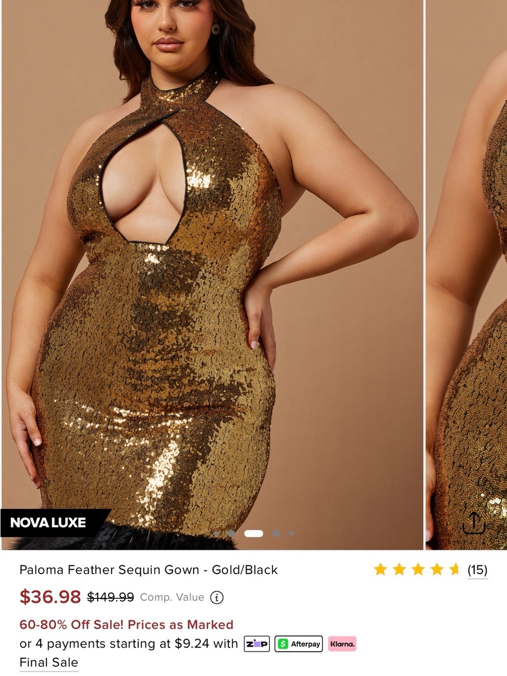 Gold Sequin Dress with Black Feathers SOLD OUT - Picture 4 of 10